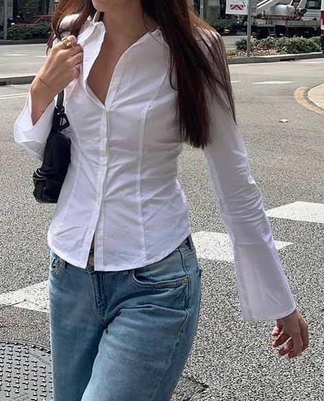 Women Y2k Button Up Shirt Long Sleeve Lapel Collar V Neck Slim Fitted Blouse Preppy Coquette Going Out Tops - Image 2