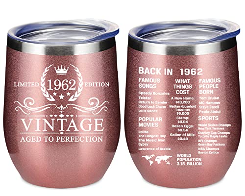 60th Birthday Gifts for Women Friends, 12 Oz Insulated Stainless Steel Wine Tumbler with Lid, Double Side Printed Birthday Thermos cup, Back in 1962 Old Time Information, Best Birthday Gifts