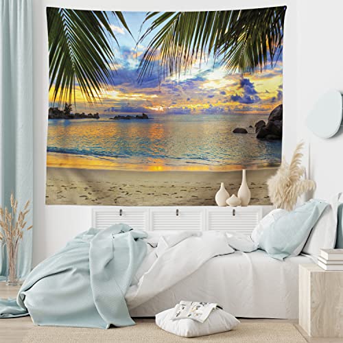 Lunarable Coastal Tapestry, Sunset At The Beach Rumbling Ocean Palm Trees Travel Locations Picture, Fabric Wall Hanging Decor For Bedroom Living Room Dorm, 45" X 30", Sky Blue Yellow Green #TOP4