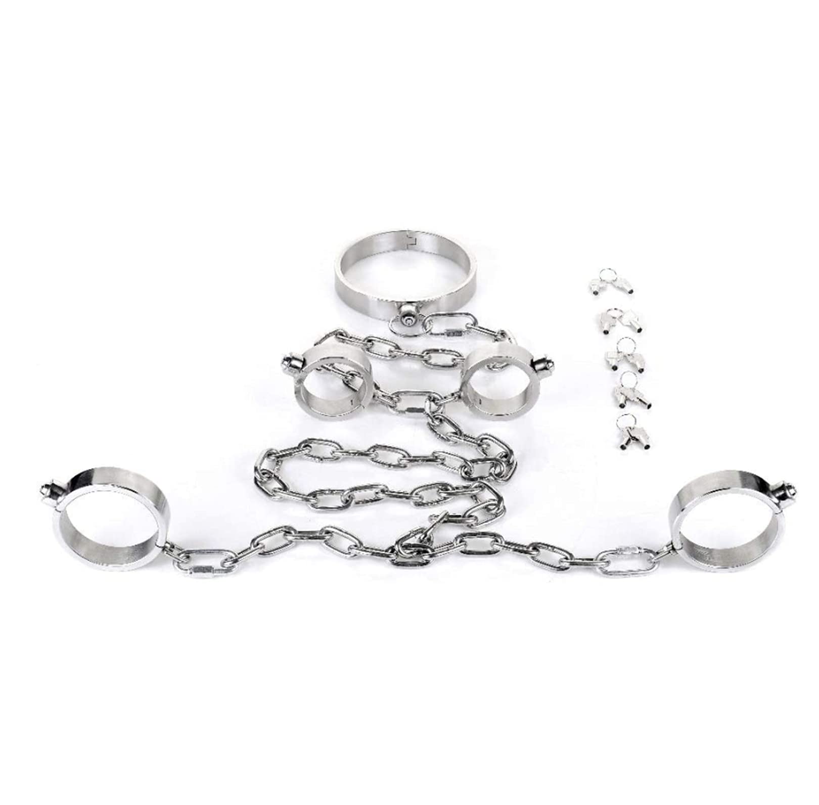 Soarvlorfy Schwere Edelstahl Volle Körper Cuffs Bondage Fesseln Hals Kragen Handschellen Fußfesseln mit Kette Zurückhaltung Set für Paare Männer Frauen Slave Fetisch Erotik Sexspielzeug,Male,Silber