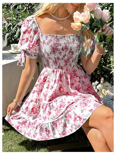Image of Floerns Women's Floral Print Puff Sleeve Square Neck Tiered Layer Shirred Dresses