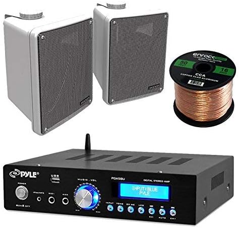 Amp And Speaker Combo Packge: Pyle PDA5BU Bluetooth Radio USB AUX Amplifier Stereo Receiver Bundle With 2x Kicker KB6000W 6.5" Full Range Bookshelf Waterproof Speaker + Enrock 50ft 16g Speaker Wire