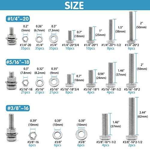 246pcs hex head bolts and nuts assortment kit stainless steel 14-20 516-18 38-16 assorted nuts and bolts flat amp spring lock washers with case