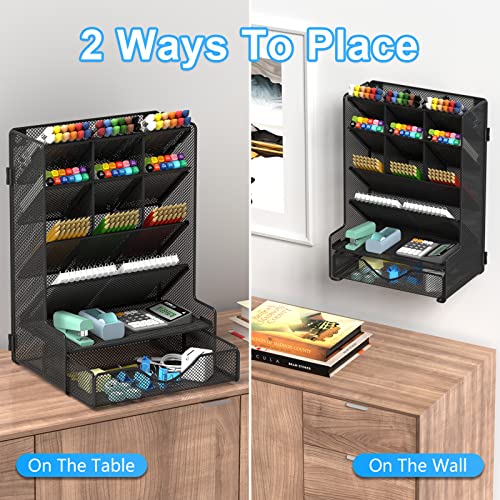Bohdk Pen Organizer For Desk, Multi-Functional Desk Organizer, Wall Mount Pen Holder With Drawer For School, Office, Home, Art Supplies, Black #TOP2