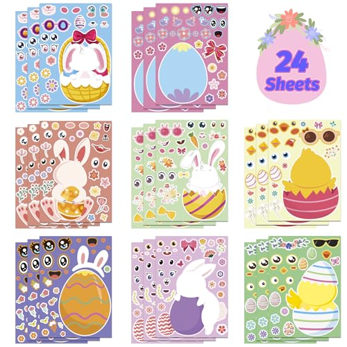 OHOME Easter Basket Stuffers - 24 Sheets Easter Crafts Stickers for Kids | DIY Happy Egg Bunny Easter Gifts Treats Games Toys Activities Decor Party Favor Supplies for Toddlers