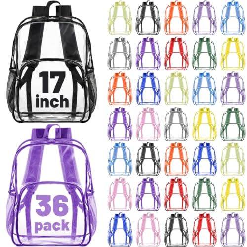 Image of Amylove 36 Pcs Clear Backpack bulk for Stadium Events Heavy Duty PVC Transparent Bookbag for College Workplace Security (17 Inches,12 Colors)