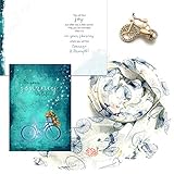 Smiling Wisdom - On Your Journey Greeting Card Gift Set - Navy Old Fashioned Bike Themed Scarf and...