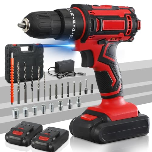 belupai Juego de taladro inalámbrico, juego de destornilladores eléctricos con 2 baterías y luz de trabajo LED, herramienta eléctrica de 21 V 42 N.m, 2 velocidades con 26 accesorios