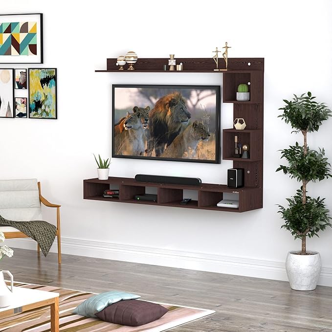 Image of Anikaa Kirina Engineered Wood Wall Mount TV Unit with LED Lights TV Cabinet TV Entertainment Unit Set Top Box Stand (Wenge) (Ideal for 43 Inch)(D.I.Y)