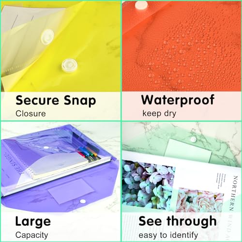 NACHLYNN 18 Pack Plastic Envelopes Plastic Folders with Snap Closure, 6 Colors A4 Size Clear File Envelopes with Label Documents Folders Organizers for Home Work Office Organization by NACHLYNN - Image 4