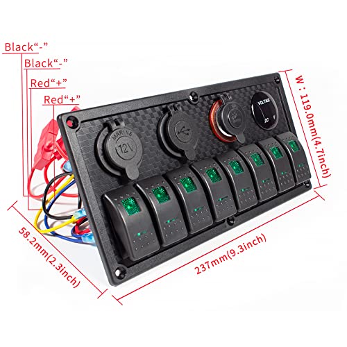8 Gang Rocker Switch Panel, 3.1A Dual USB Charger Socket with Multi-Function LED Digital Voltmeter, 12/24V Wired Toggle Switch Panel for Automotive Cars Marine Boats RVs(Green) by xhtechnology - Image 2