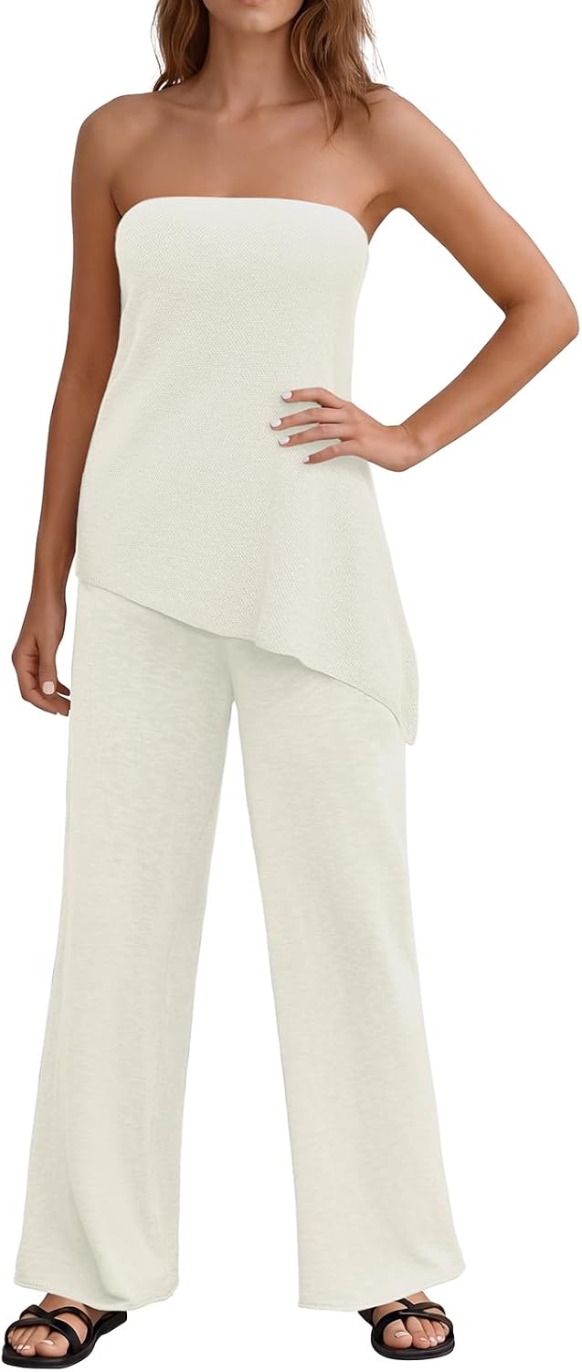 2 Piece Sets for Women Summer Knit Tube Top and Wide Leg Pants Outfits Vacation Travel Matching Strapless Set