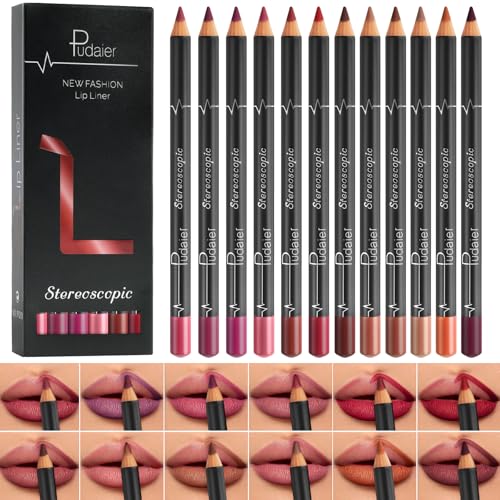 LOPHE Lip Liner Mate, 12 Colores Juego de Delineador de Labios, Perfilador Labios Permanente, Delineador Labios, Lápiz de Contorno con Tapa, Delineado Perfecto, Definición Natural