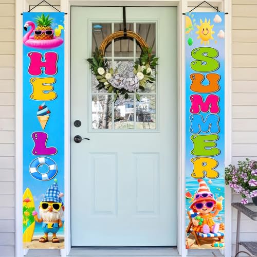 Image of BlissYard 2pcs Welcome Summer Door Banner Hawaiian Gnome Porch Banners Sign Summer Sunshine Beach Front Door Hanging Decor Banner for Seasonal Home Hawaii Tropical Party Outdoor Decorations