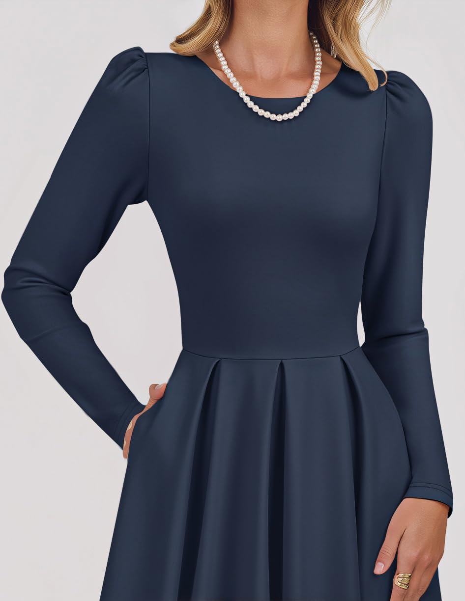ZESICA Women's Long Sleeve Midi Dresses 2026 Spring Elegant Crewneck Swing A Line Wedding Guest Party Dress with Pockets - Image 4