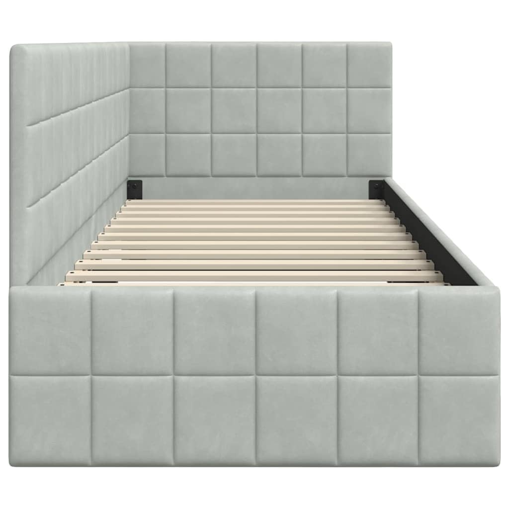 Estructura de cama esquinera gris claro con cabecero de 80 x 200 cm terciopelo en forma de L tapizada con somier para dormitorio, invitados, habitación juvenil, diseño que ahorra espacio