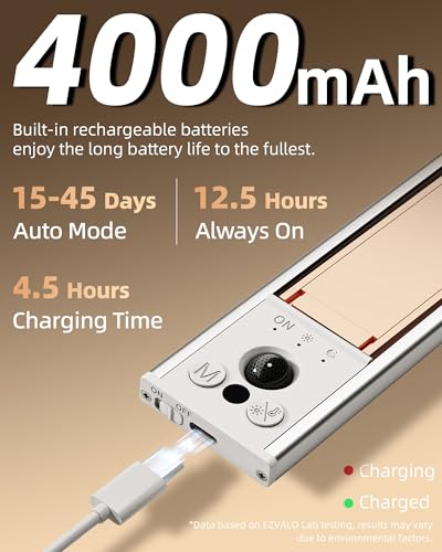 Image of EZVALO 16.5-inch Under Cabinet Lighting, 4000mAh Rechargeable Motion Sensor Light Indoor, Magnetic Closet Lights, with Dimmable & 3 Color Temps, Wireless Under Counter Lights for Kitchen (4-Pack)
