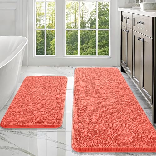 Image of OLANLY Bathroom Rugs Sets 2 Piece, Soft Absorbent Chenille Bath Mats Area Rug Set, Non-Slip, Quick Dry, Machine Washable Bath Mats for Bathroom, Home Decor Accessories (47 inchx20 inch+30 inchx20 inch, Coral)