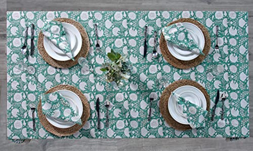 Ridhi Turquoise Green, Old Moss Green Indian Floral Hand Block Printed Cotton Cloth Tablecloth, Table Cover, Farmhouse Easter Thanksgiving Christmas (14 Seater 72X160 Inch) #TOP2