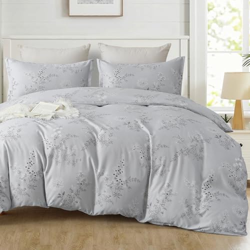 Guchuang Bedding Light Grey Silver Floral King Size Duvet Cover Set, Flowers Bedding Set with 2 Pillowcases, Soft Microfiber Quilt Cover with Zipper Closure 220x230cm