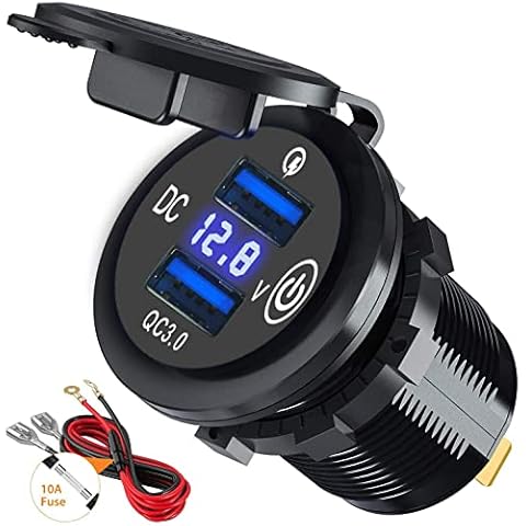 [Upgrade] Dual Quick Charge 3.0 Car Charger Socket with Touch Switch and LED Voltmeter, 12V/24V 36W USB Charger Waterproof Power Socket Adapter for Marine, Boat, Motorcycle, Truck, Golf Cart Cover