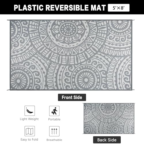HUGEAR 5x8 Outdoor Boho Rug Grey Patio Waterproof Rug Home Decor Reversible Plastic Straw Rugs Outside Indoor Floor Mat for Camping Balcony RV Deck Porch Pool Backyard — view 2
