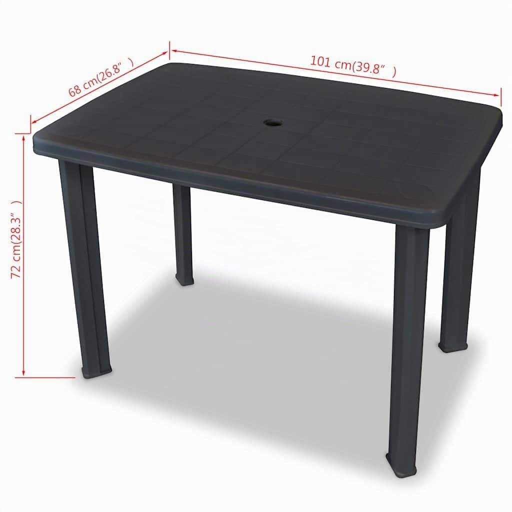 vidaXL Mesa de Jardín 101x68x72 cm, Plástico, Antracita, Resistente a la Intemperie, para Balcón o Jardín, Agujero para Sombrilla 3,6 cm, Mesa Exterior