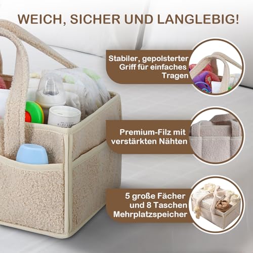 Wickeltasche Organizer, Wickeltisch Organizer, Tragbarer Wickelkorb mit Herausnehmbaren Fächern, Plüsch Wickelorganizer mit Griffen, Baby Aufbewahrungskorb für Wickel und Babysachen (Cremefarben)