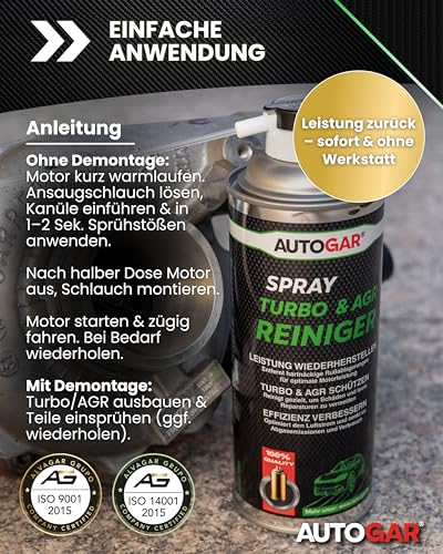 AUTOGAR® Turbo & AGR Reiniger Spray 400ml - Entfernt Ruß, Ölkohle & Ablagerungen - Für Turbo, Ansaugtrakt & AGR-Ventil - Diesel-Spezialspray für mehr Leistung & weniger Verbrauch