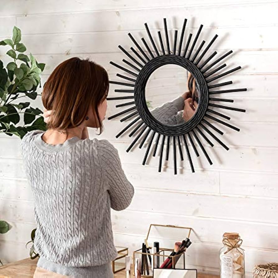 Amazon.co.jp: ミラー 鏡 ラタン ブラック 壁掛け 丸型 円形