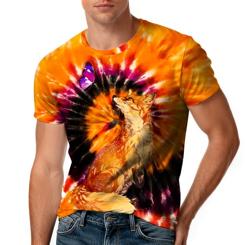 Harycnct Fox Butterfly Orange Purple Tie Dye Shirts Mens Funny Tie-Dye Tshirt Outfit 60S 70S Hippies Senior Animal Tiedye Tee Tops Clothes X-Large