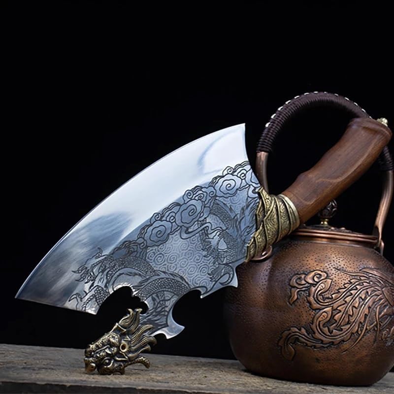 Meat Cleaver Knife, 9 Inch Chopper Knife Butcher Machete Cutter Bone Handmade Longquan Kitchen Knives Poultry Tools Copper Dragon Head Decor Hatchet