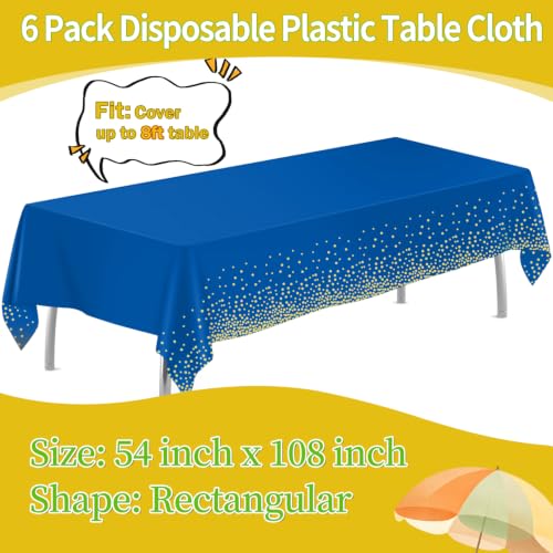 Image of tujol Blue and Gold 6 Pack Plastic Table Cloth 54 inch x 108 inch