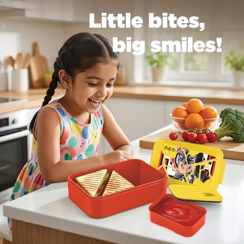 Image of MILTON Berry Tiffin Lunch Box for Kids Boys & Girls with Leak-Proof Inner Container| Food Grade,BPA Free,Compact & Durable Snacks Box for Kids I Plastic Spoon & Fork, 850 ml, Batman Print, Yellow