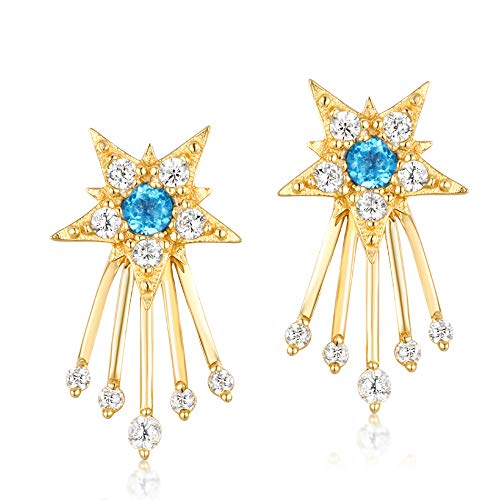 LSLYTQ Light Luxury One-Three Wearing -Plated Meteor Earrings Natural Swiss Blue Topaz Five-Pointed Star Earrings Female