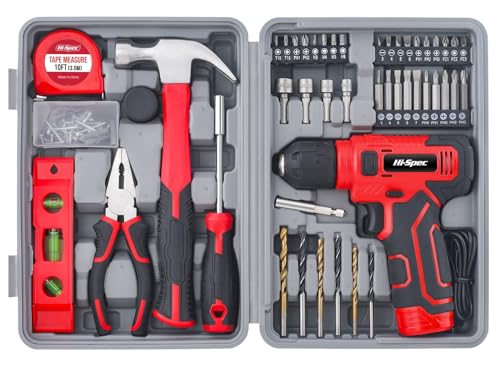 Image of Hi-Spec 8V Cordless Drill Set and Starter Tool Kit for Home Projects, Red | Rechargeable USB, Repairs and Maintenance, DIY, faster holes and screwdriving, light-duty projects, home setup help