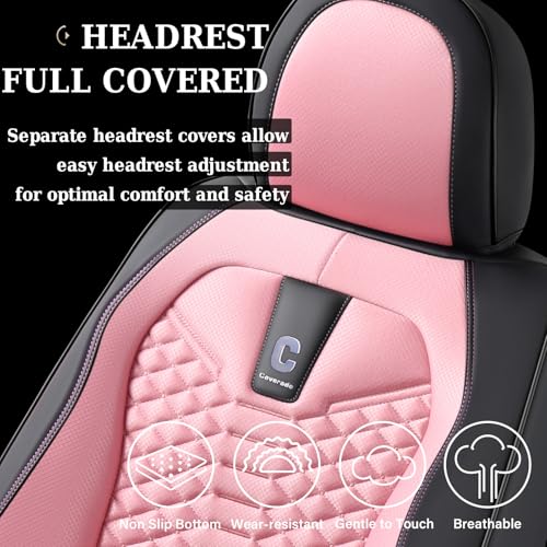 Image of Coverado Front Seat Covers, 2 PCS Pink Seat Cover for Cars, Breathable Fabric& Faux Leather Seat Cover, Driver Seat Cushion, Car Seat Protector Universal Fit Most Cars, Trucks, SUV