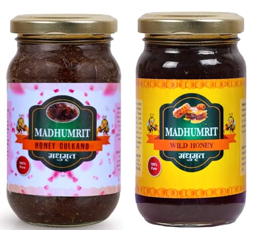 Madhumrit Honey Gulkand/Sun Cooked/Damask Rose 500g With Raw Wild Forest Honey /100% Pure, Unprocessed, Organic Honey-500g(Combo Pack)