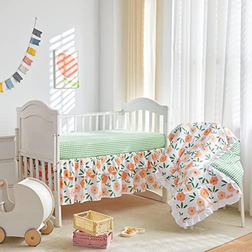 3 Pieces Crib Bedding Set Baby Ruffle Quilted Comforter With Fitted Sheet And Bed Skirt - Cute Ruffled Shabby Chic Baby Bedding Soft Blanket Designorange Flowers #TOP1