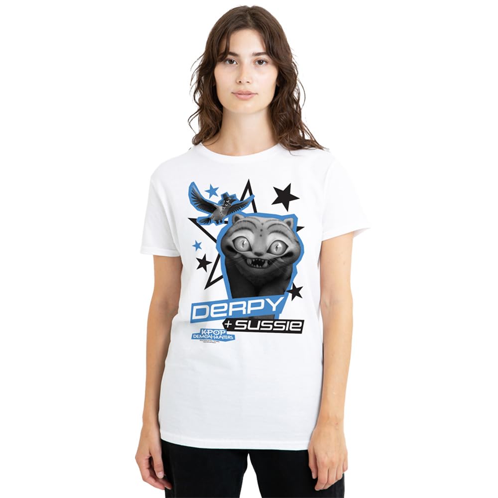 Kpop Demon Hunters Derpy and Sussie Scrapbook Stars Ladies T Shirt, White, Medium