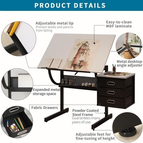 Drafting Table for Adults, Adjustable Height Drawing Desk with 3 Drawers, Art Desk with Tilting Tabletop for Sketching, Painting, Writing, Spacious Storage Design, Easy Assembly, Black White