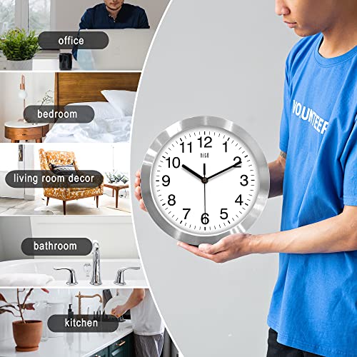 HITO 10 Inch Silent Wall Clock Battery Operated Non Ticking Glass Cover Silver Aluminum Frame, for Kitchen, Bedroom, Home Office, Living Room Decor - Image 6