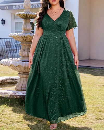 Image of Talisea Plus Size Formal Dresses - V Neck Flutter Sleeve Glitter Prom Evening Gowns Wedding Guest Chiffon Long Maxi Dress