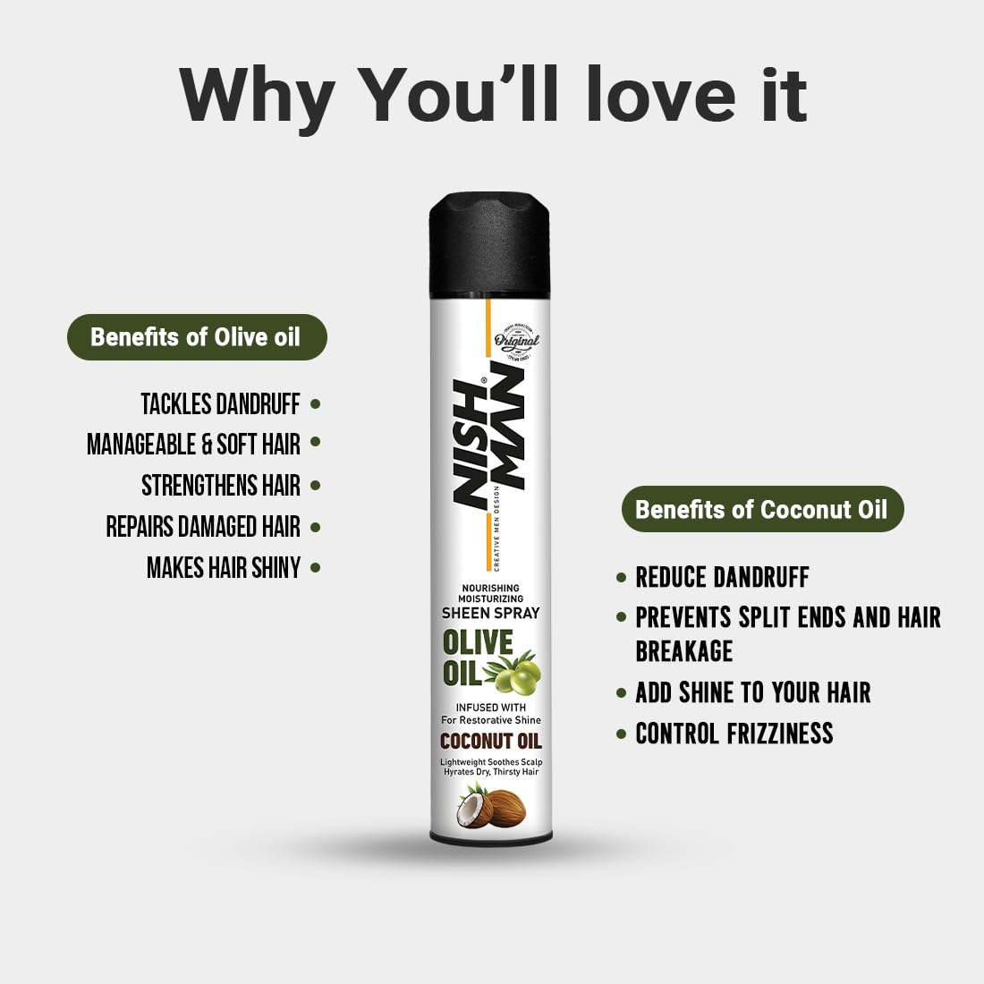 nishman Sheen Spray, Olive Oil, Infused with Coconut Oil