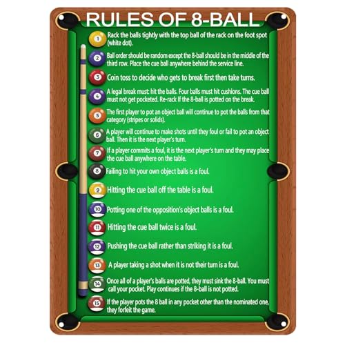 Großes Blechschild mit Billardregeln, Metall-Wandkunst für Spielzimmer, Billardtisch-Zubehör, Vintage-Poster mit 8 Kugeln, Männerhöhle, Bar, Pub, Retro-Metallposter für Zuhause, Büro, Garage, 30,5 x