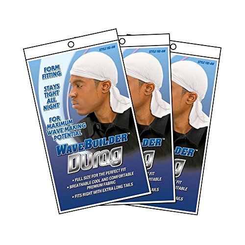 WaveBuilder Premium Stretch Durag for Smooth and Uniform Hair Waves, 3 Pack (White)