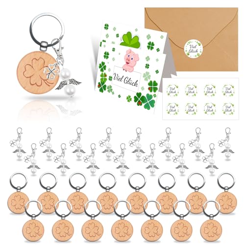 LIHIQIYA Silvester Glücksbringer Rund Schlüsselanhänger, 16er Holz Schlüsselanhänger mit Kleeblatt
