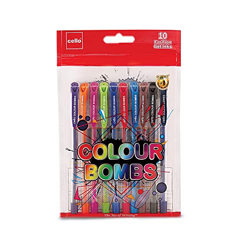 Image of Cello Technotip Ball Pen Set, Red, Set of 10 Colour Bombs coloured ink Gel pens - Pack of 10