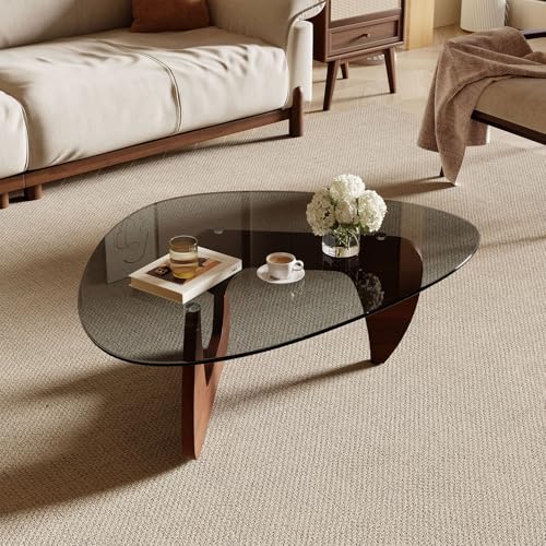 Image of Modern Coffee Table for Living Room and Small Spaces, 35.6 inch x 25.4 inch x 15.8 inch Triangle Tempered Glass Table Top and Solid Wood Base, Walnut
