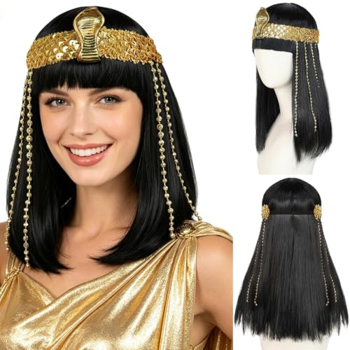 JoneTing Black Wig+Hair Cap + Fringe Black Bob Hair with Bangs for Women Blacked Short Wigs for Women Cospaly Wig Straight Bob Cosplay Hairs and Accessories for Halloween Costume Outfit